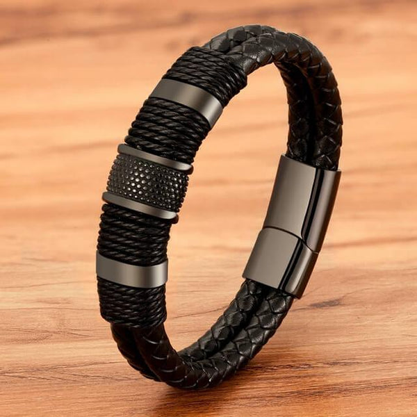 Pulseira Masculina - Couro e Aço Inoxidável